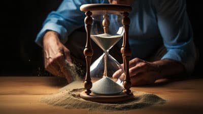 man putting sand in hour glass